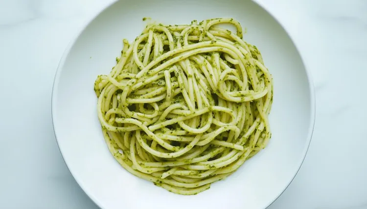 Spaghetti with olive and mint pesto