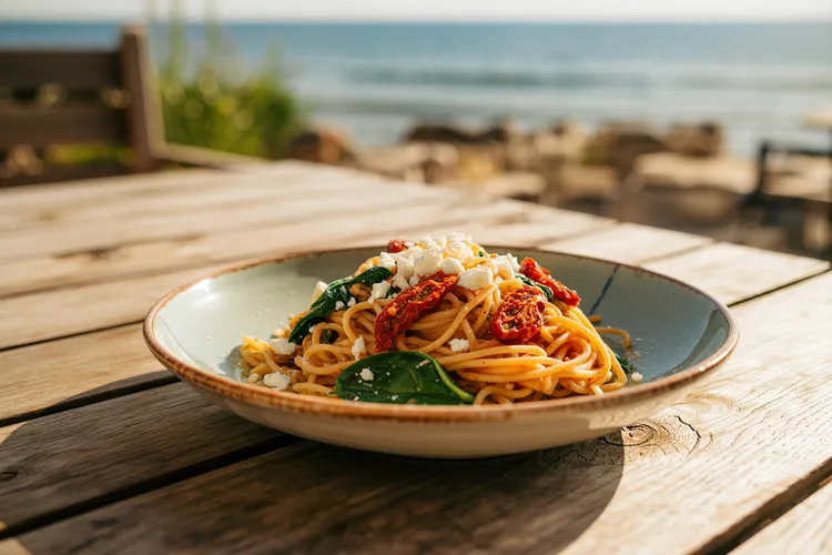 Sun-dried tomato spaghetti with spinach & feta