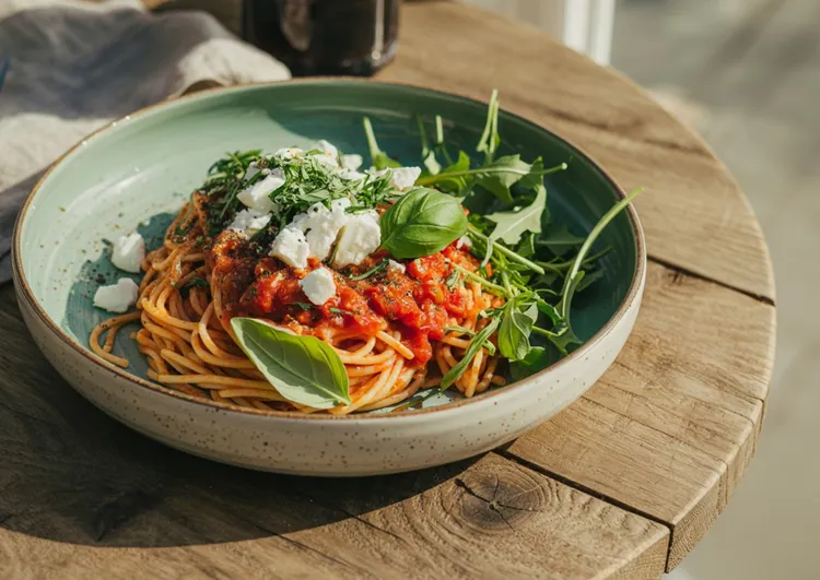 Spaghetti with tomato, basil and rocket
