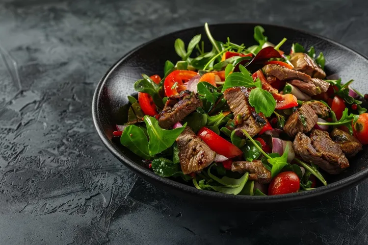 Spiced beef with eggplant and tomato salad