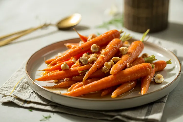 Steamed baby carrots with honey and hazelnuts