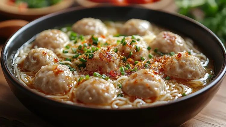 Steamed pork balls with pad thai noodles