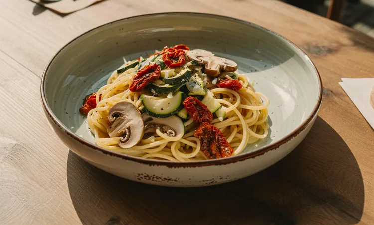 Sun-dried tomato and mushroom whole-wheat pasta