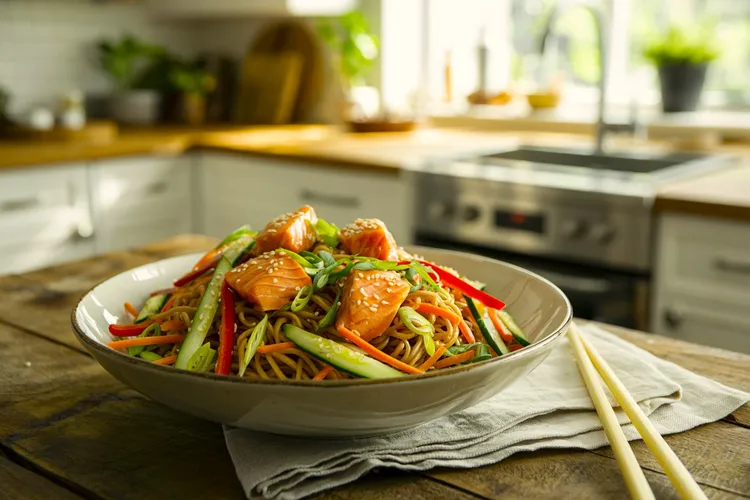 Teriyaki salmon on soba noodle salad