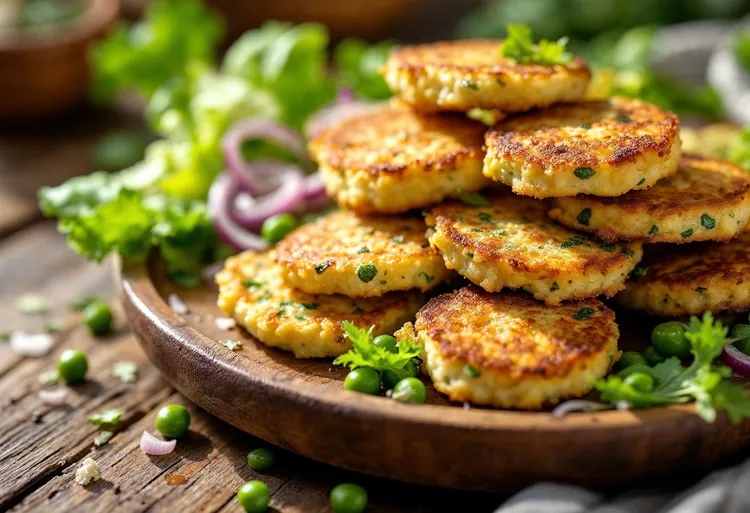 Zucchini and mint ricotta pancakes with pea salad