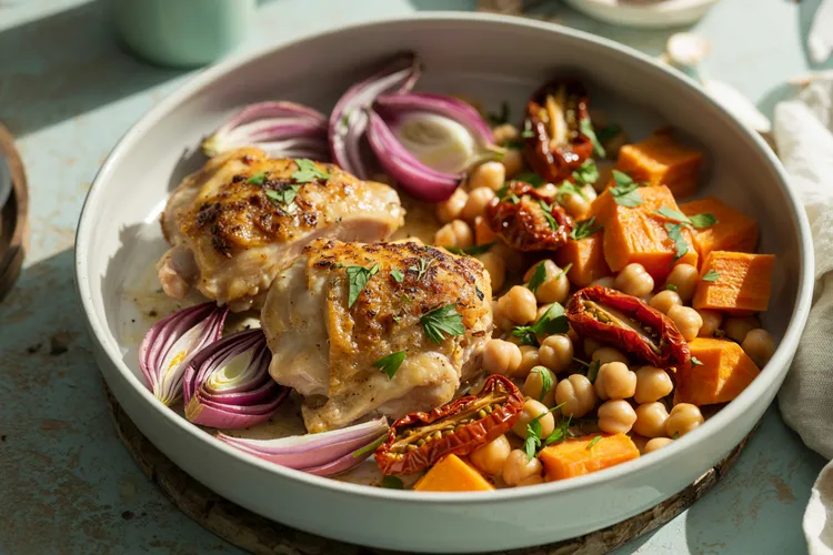 Baked chicken and sweet potato with chickpeas