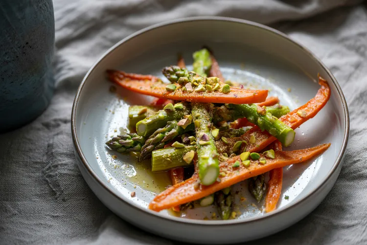 Carrot and asparagus with pistachio butter