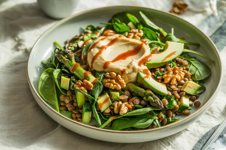 Lentils with veggies, avocado, walnuts & hummus