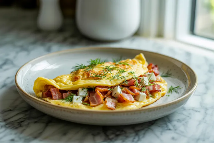 Bacon and goat cheese omelette with onion and dill
