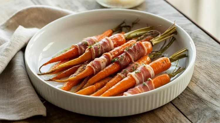 Prosciutto-wrapped baby carrots with maple glaze