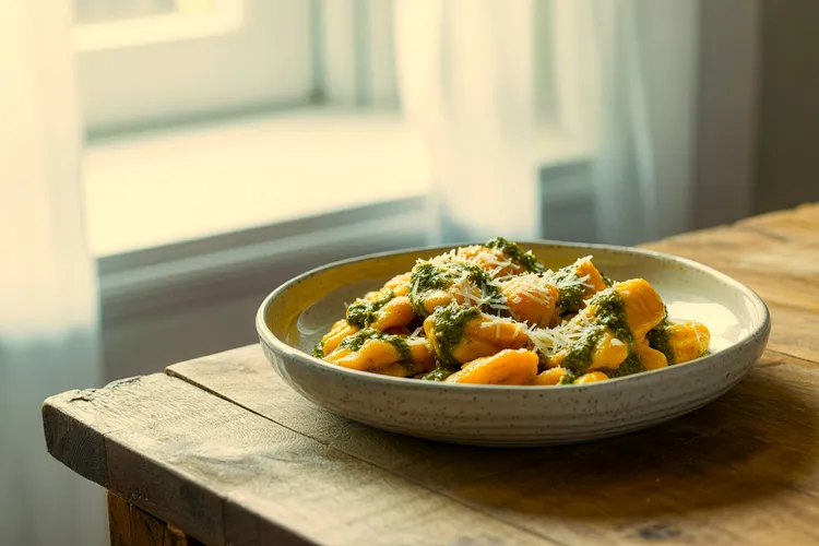 Pumpkin gnocchi with rocket and walnut pesto
