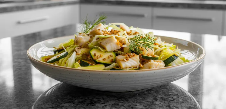 Cod stir-fry with cabbage and zucchini