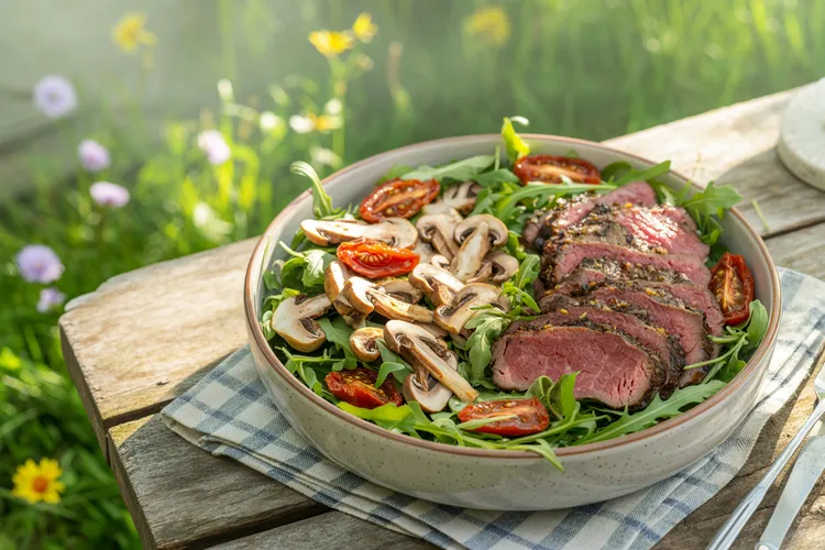 Tomato and arugula salad with grilled steak and mushrooms