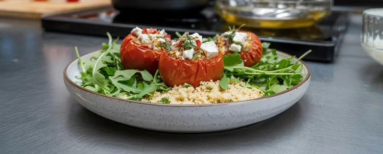 Warm stuffed tomato on couscous