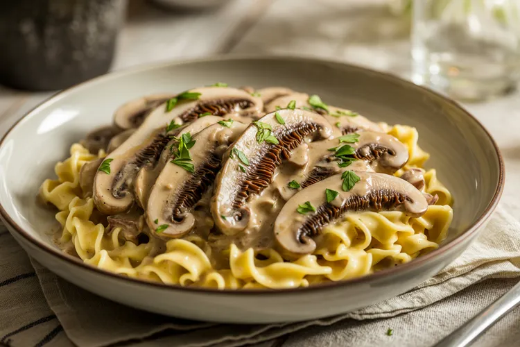 Portobello mushroom stroganoff with egg noodles