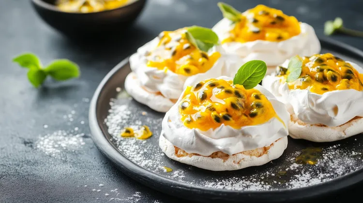 Little pavs with passionfruit sauce