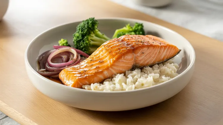 Soy-glazed salmon with rice