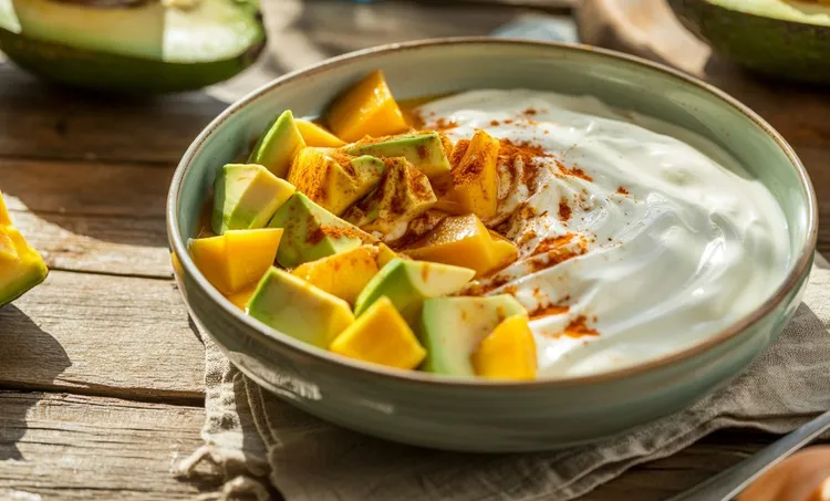 Mango avocado yogurt bowl with chili spice