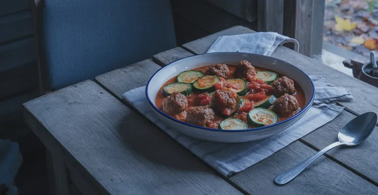 Skillet meatballs with zucchini and tomatoes