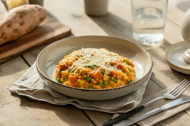 Oven-baked sweet potato and pea risotto
