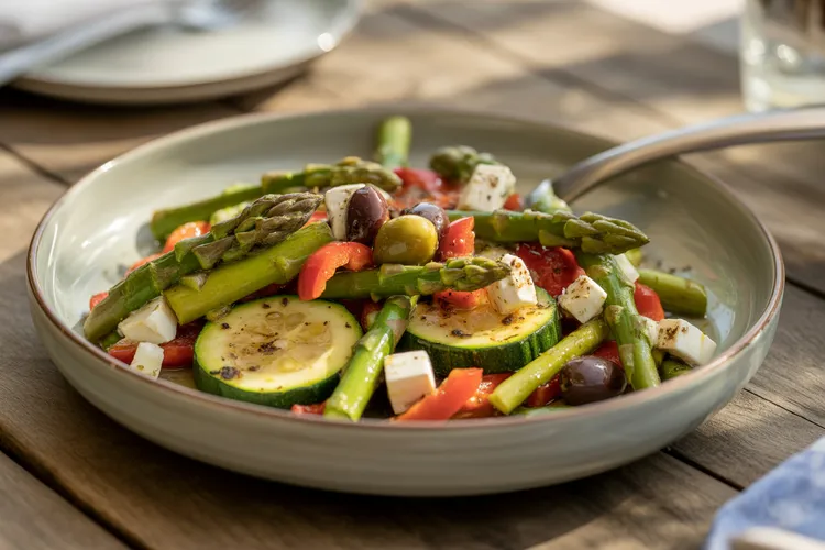 Braised asparagus and zucchini with fetta