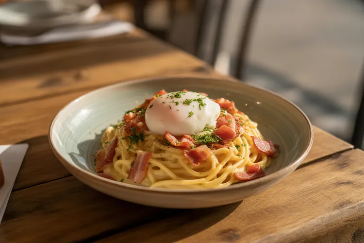 Creamy bacon spaghetti with poached eggs