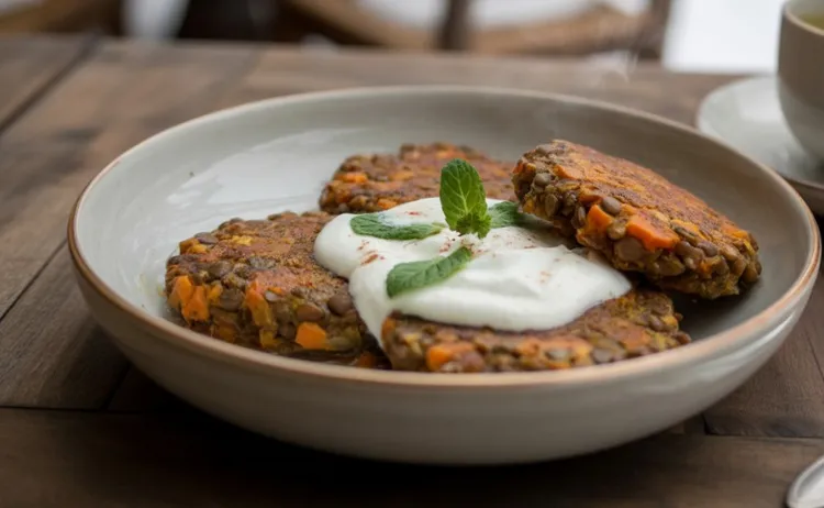 Curried lentil patties with minted yoghurt