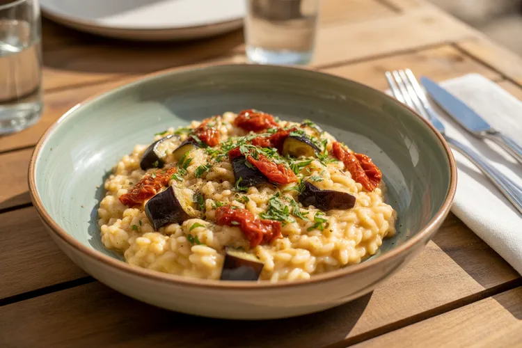 Eggplant, sun-dried tomato and ricotta risotto