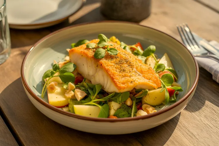 Fish with potato and apple salad