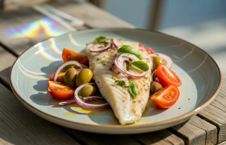 Grilled fish with tomato and olive salad