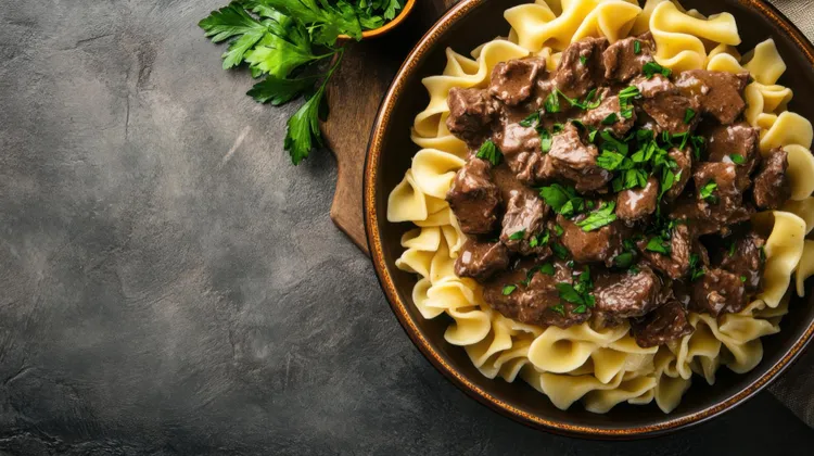 Beef and mushroom stroganoff with egg noodles