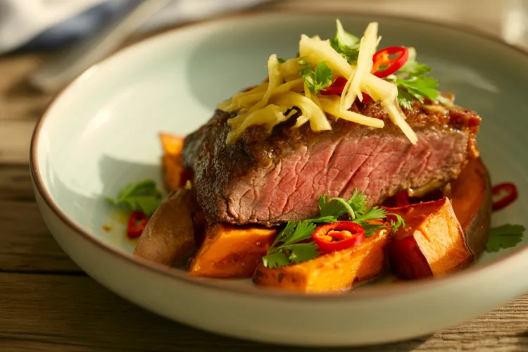 Honey-soy beef with sweet potatoes