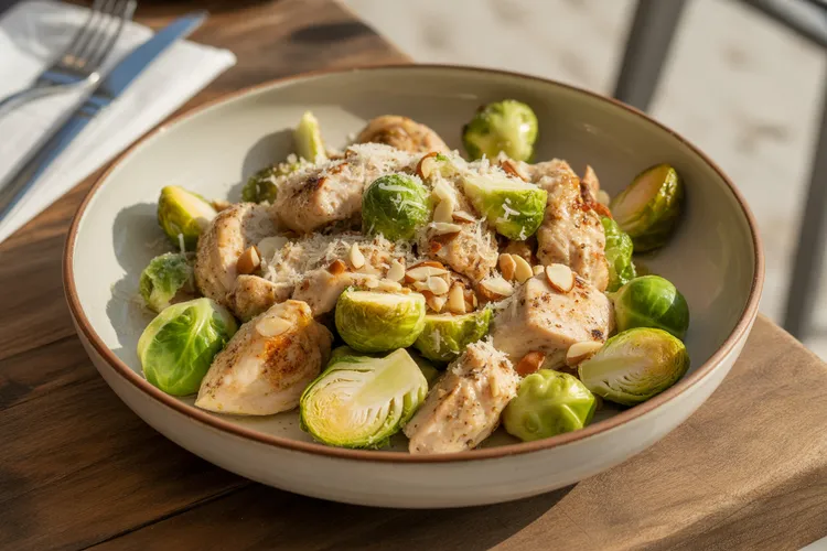 Microwaved chicken and brussels sprouts