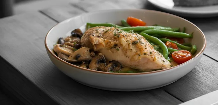 Chicken with mushrooms, green beans and cherry tomatoes