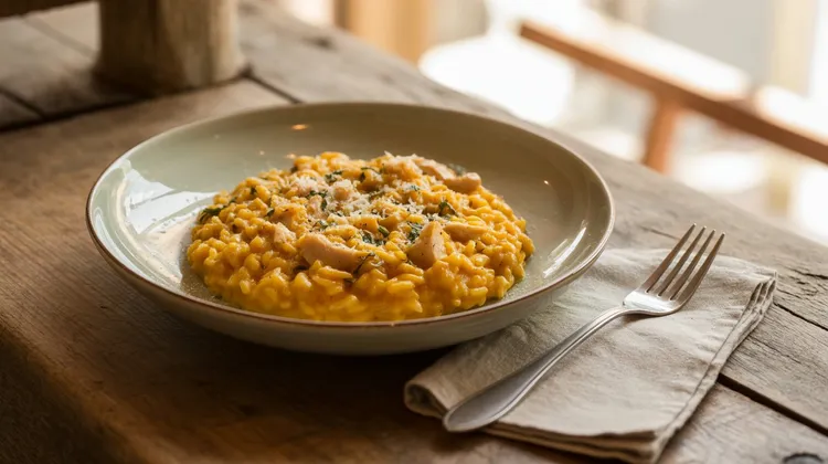 Oven-baked pumpkin, leek & chicken risotto