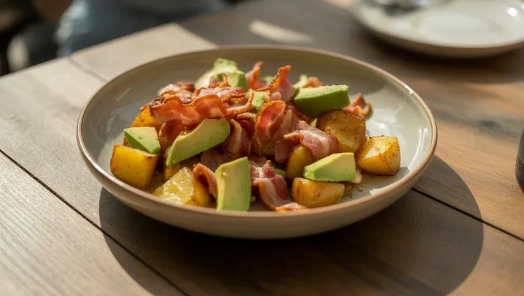 Roast potatoes with bacon & avocado