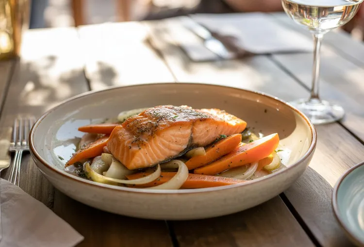 Teriyaki salmon with carrots and onions