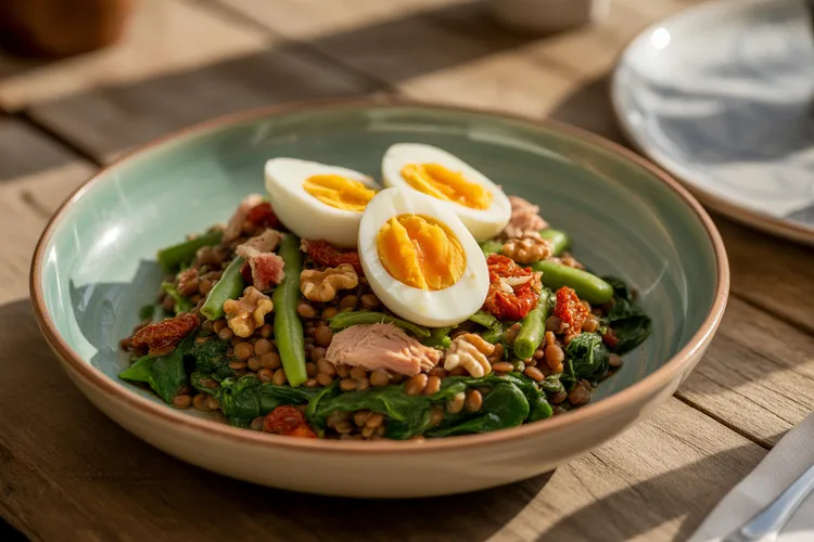 Tuna bowl with lentils, egg and spinach