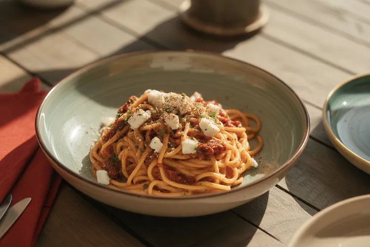 Whole-wheat pasta with sun-dried tomato pesto and feta cheese
