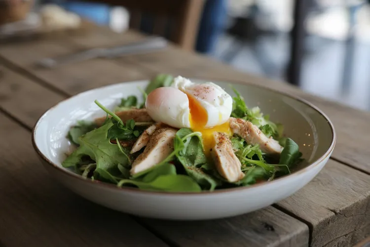 Chicken caesar salad with poached egg