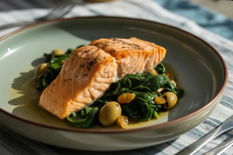 Balsamic-glazed salmon with spinach, olives and golden raisins