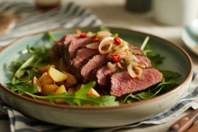 Balsamic steak with shallot and arugula
