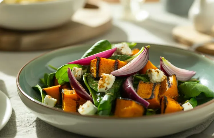 Barbecued pumpkin, red onion and spinach salad