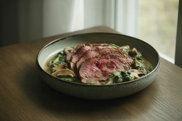 Beef steak with blue cheese and mushroom sauce