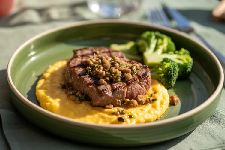 Chargrilled beef with polenta and olive salsa