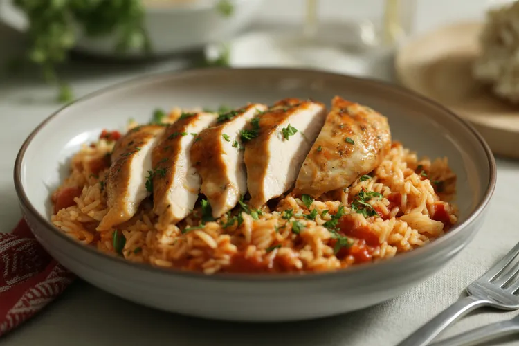 Chargrilled chicken fillets on rice
