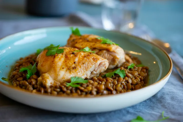 Chermoula chicken on braised lentils