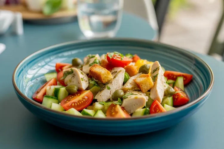 Chicken salad with tomato, capers and garlic croutons