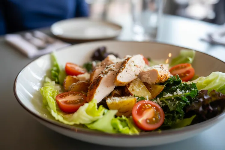 Chicken, roasted kale and potato salad