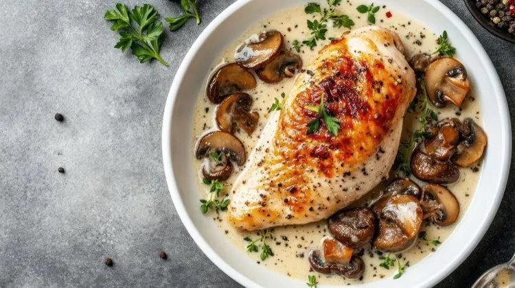 Chicken with wine sauteed mushrooms